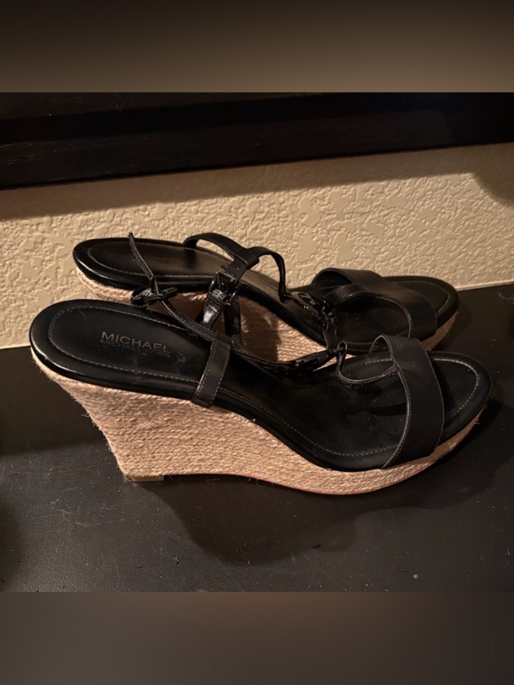 Michael Kors Black Leather MK Logo T-Strap Sandals